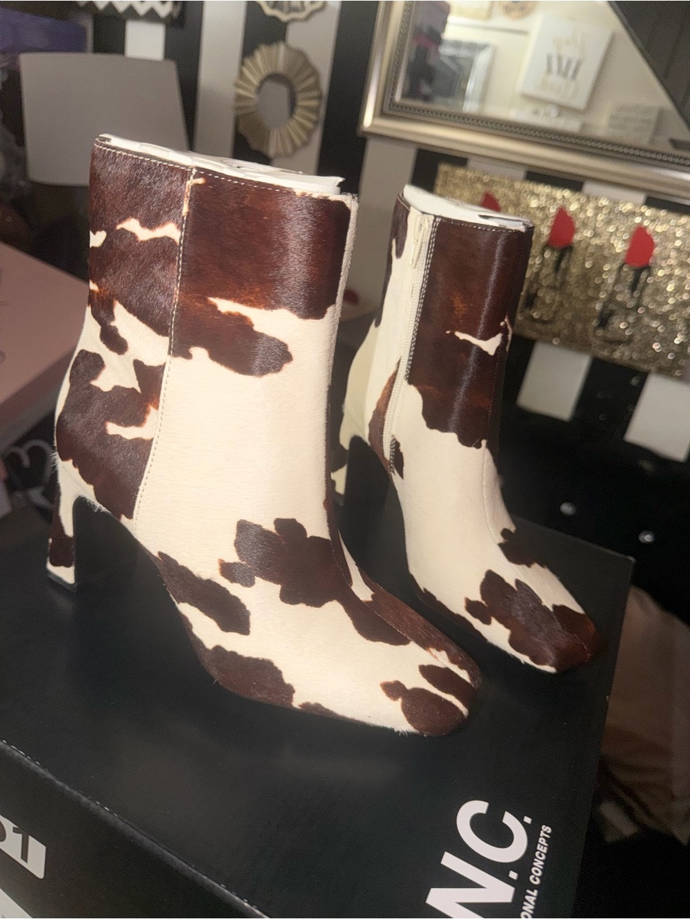INC International Concepts Brown & Cream Cow-Print Ankle Booties